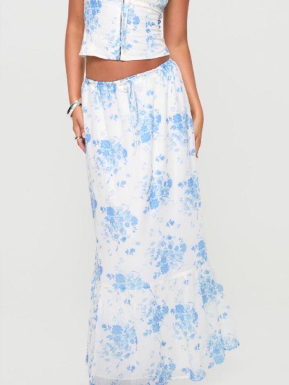 Princess Polly White Maxi Skirt with Light Blue Floral Print